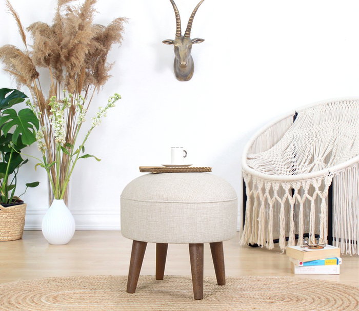 Atelier Del Sofa Puf Crema Algodón y Terciopelo, Estilo Bohemio y Escandinavo, Asiento Cómodo, 43 cm Alto